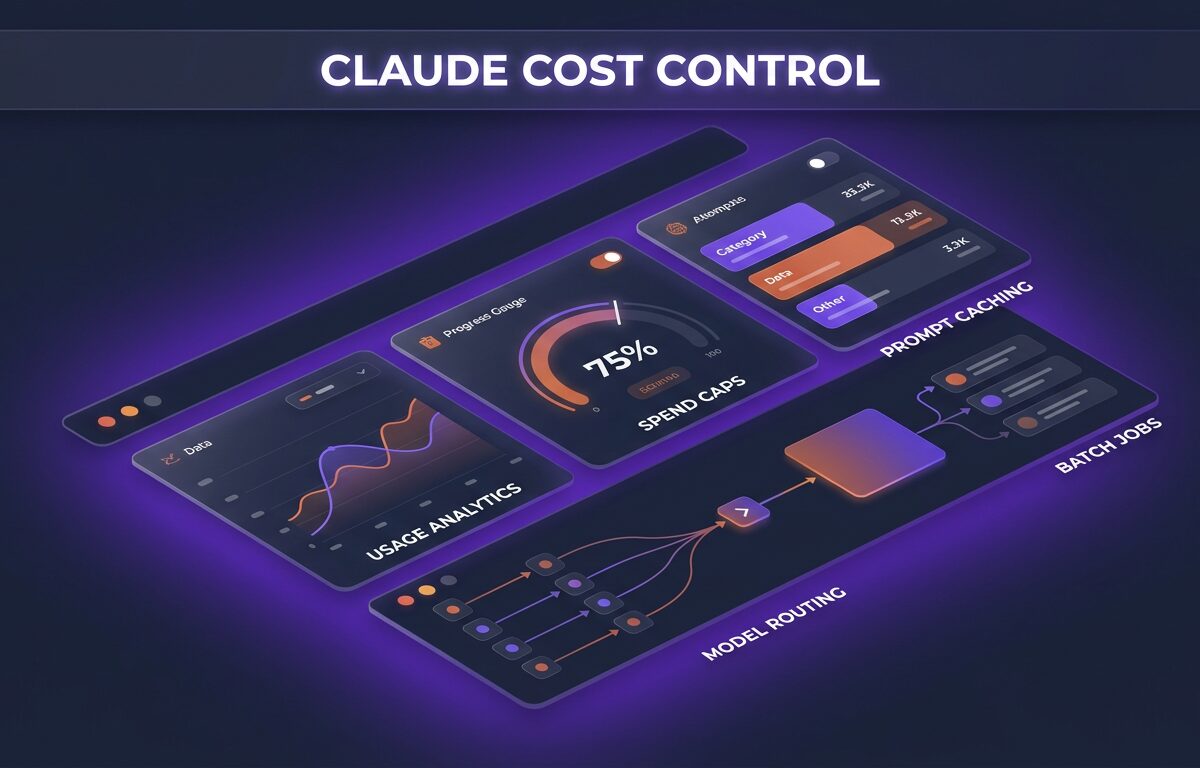 Isometric analytics dashboard illustrating Claude cost control tools, spend caps, and prompt caching features.