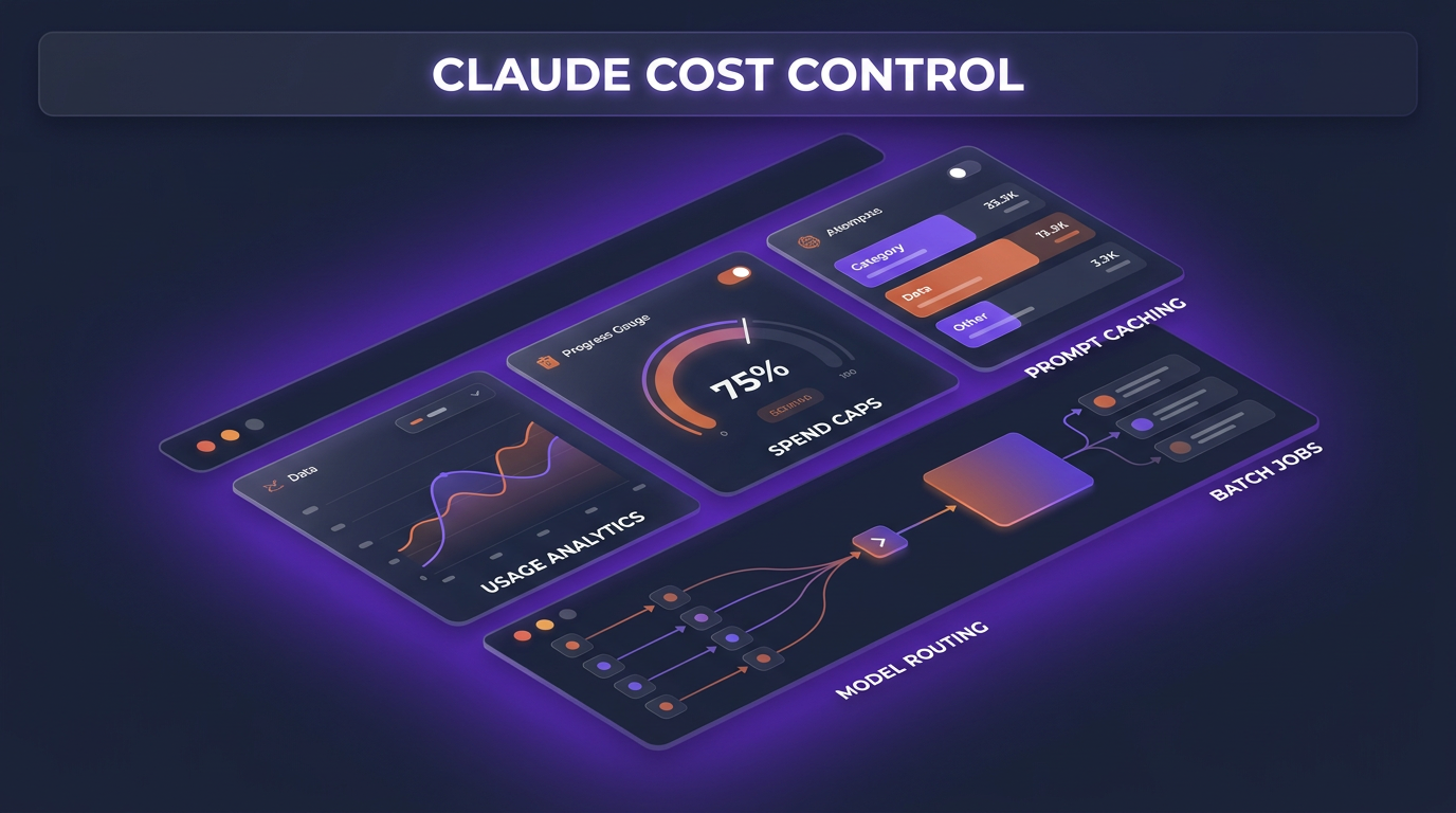 Isometric analytics dashboard illustrating Claude cost control tools, spend caps, and prompt caching features.