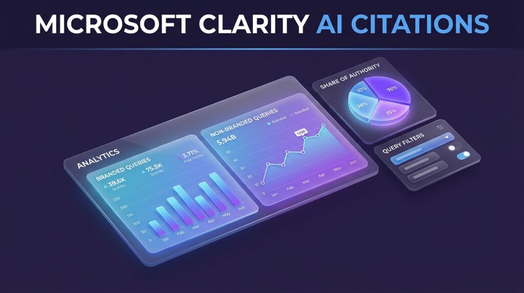 3D isometric dashboard showing Microsoft Clarity AI citations segmented by branded and non-branded queries