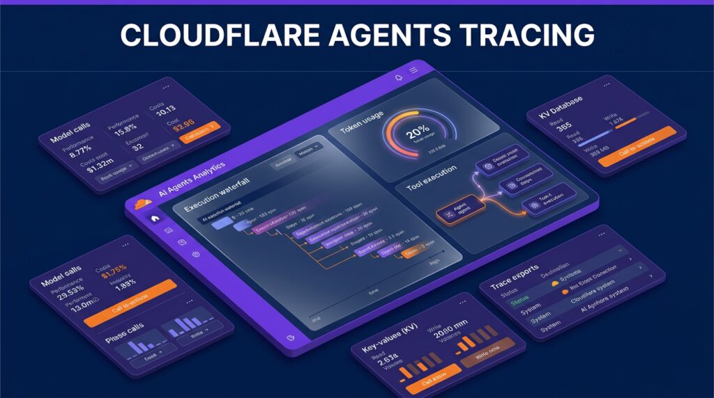 Cloudflare Agents tracing dashboard visualizer showing execution waterfalls, token usage metrics, and OpenTelemetry integrations.