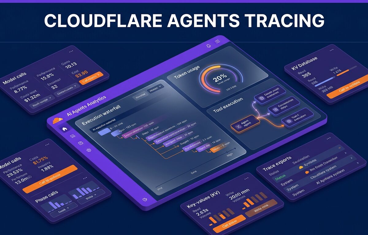 Cloudflare Agents tracing dashboard visualizer showing execution waterfalls, token usage metrics, and OpenTelemetry integrations.