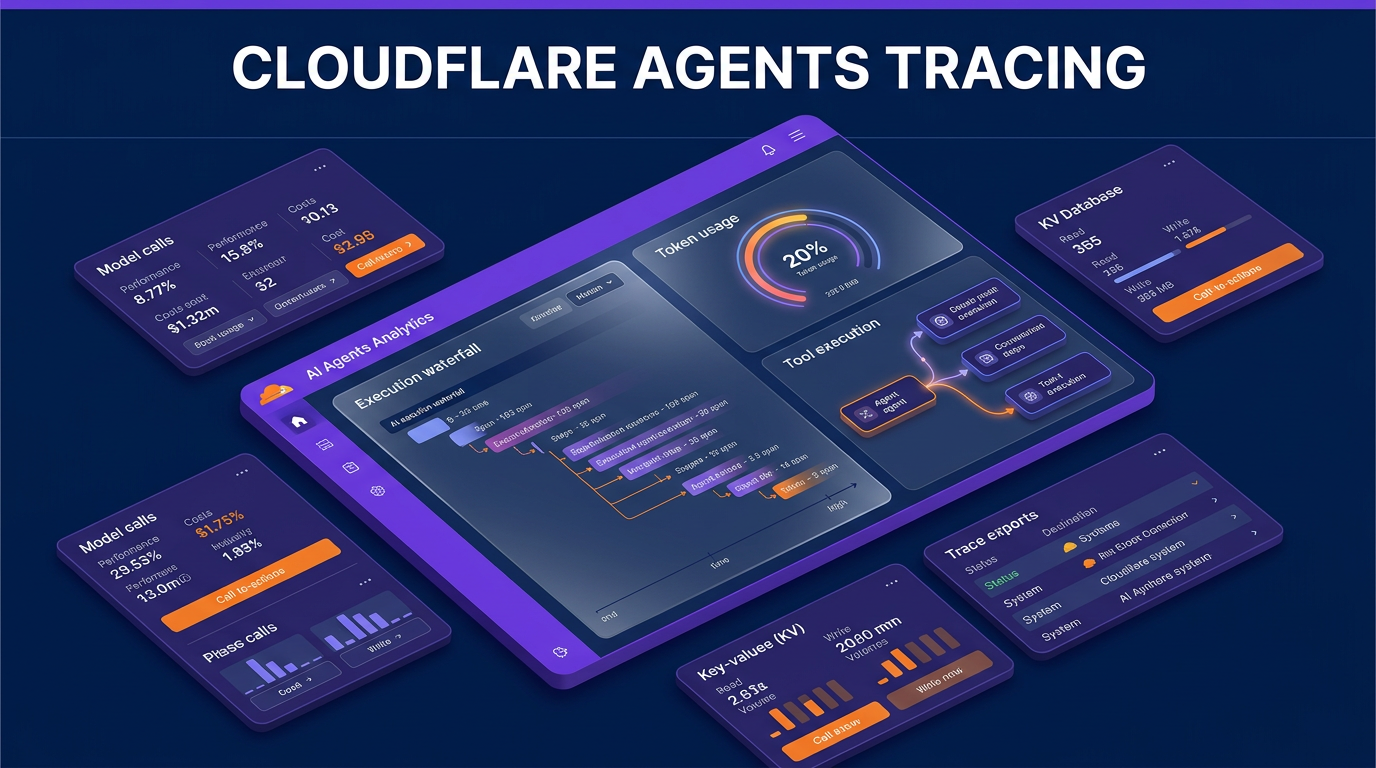 Cloudflare Agents tracing dashboard visualizer showing execution waterfalls, token usage metrics, and OpenTelemetry integrations.