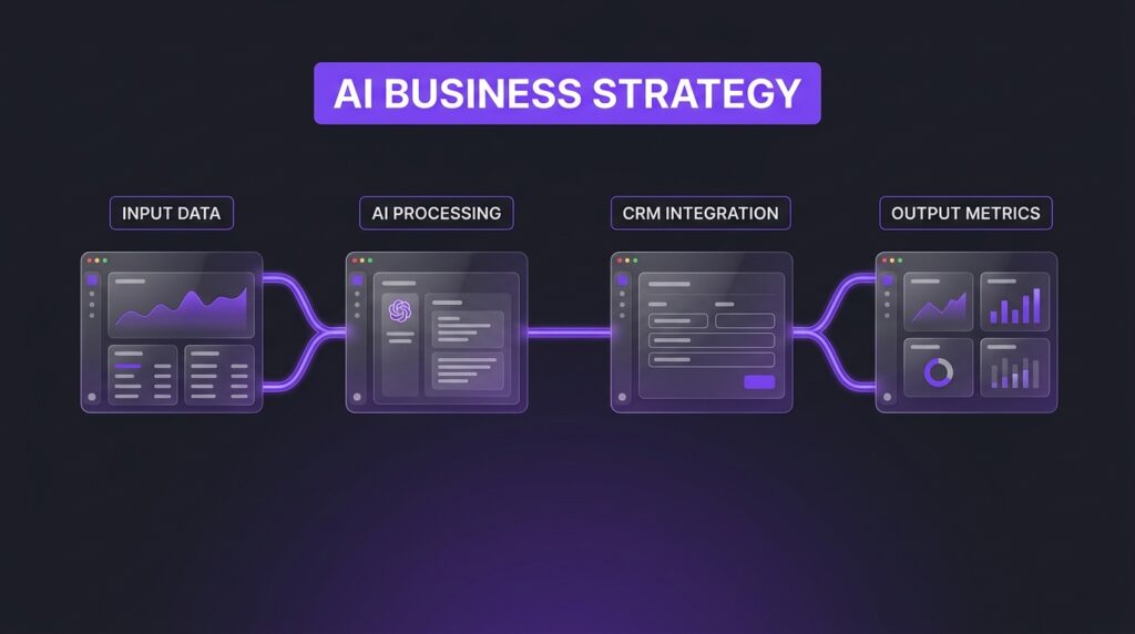 Diagram illustrating an AI business strategy visual workflow connecting data inputs, AI processing, and CRM integration.