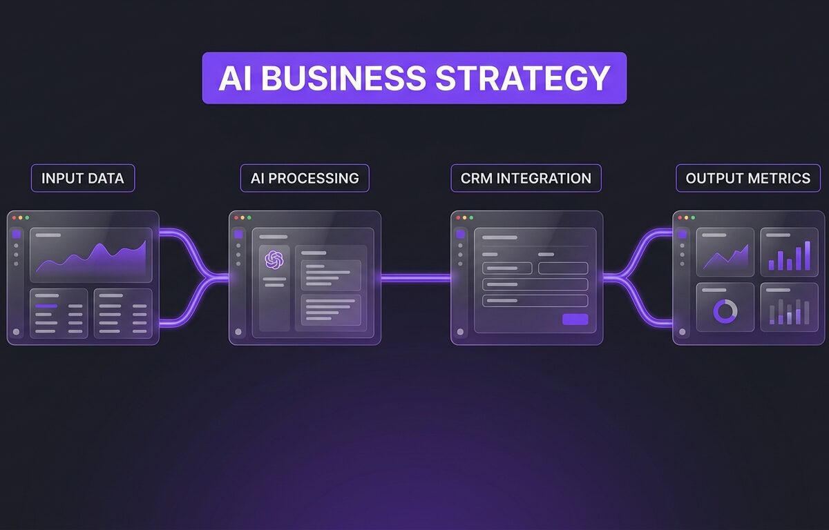 Diagram illustrating an AI business strategy visual workflow connecting data inputs, AI processing, and CRM integration.