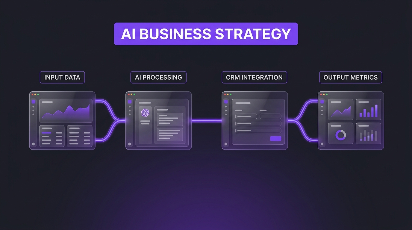 Diagram illustrating an AI business strategy visual workflow connecting data inputs, AI processing, and CRM integration.