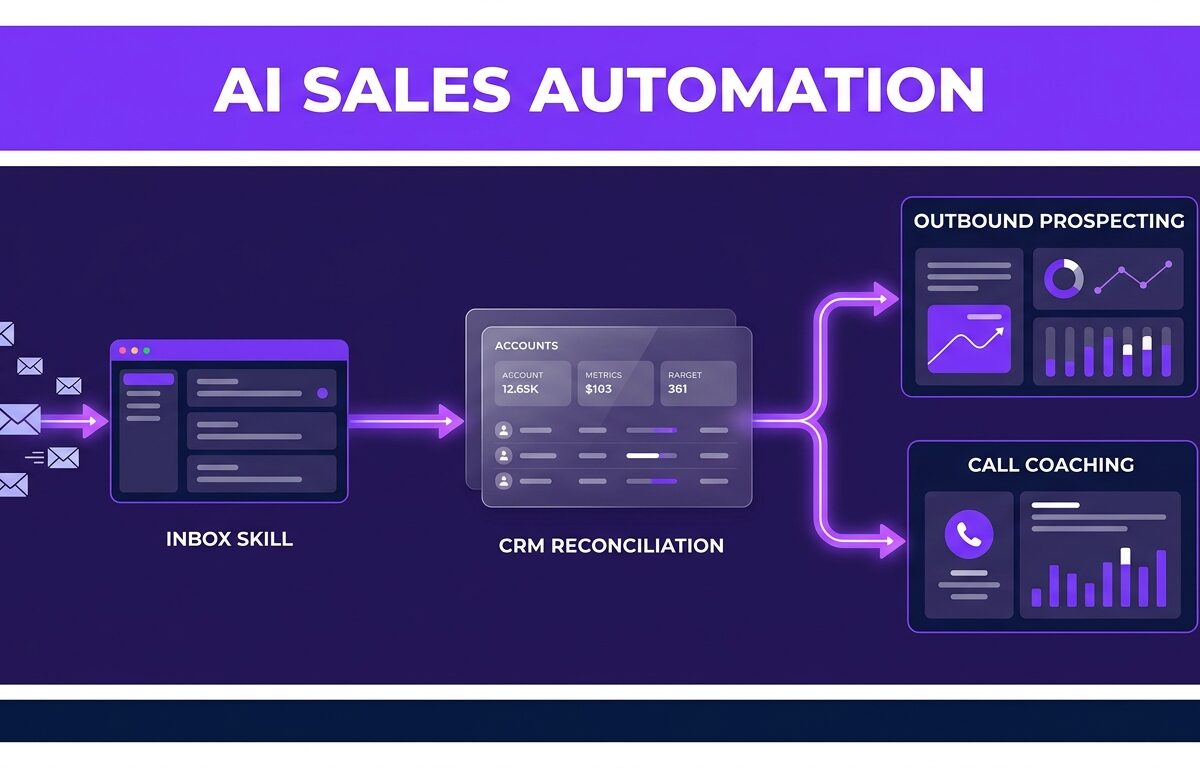 Diagram illustrating an AI sales automation workflow showing inbox skills, CRM reconciliation, outbound prospecting, and call coaching nodes.