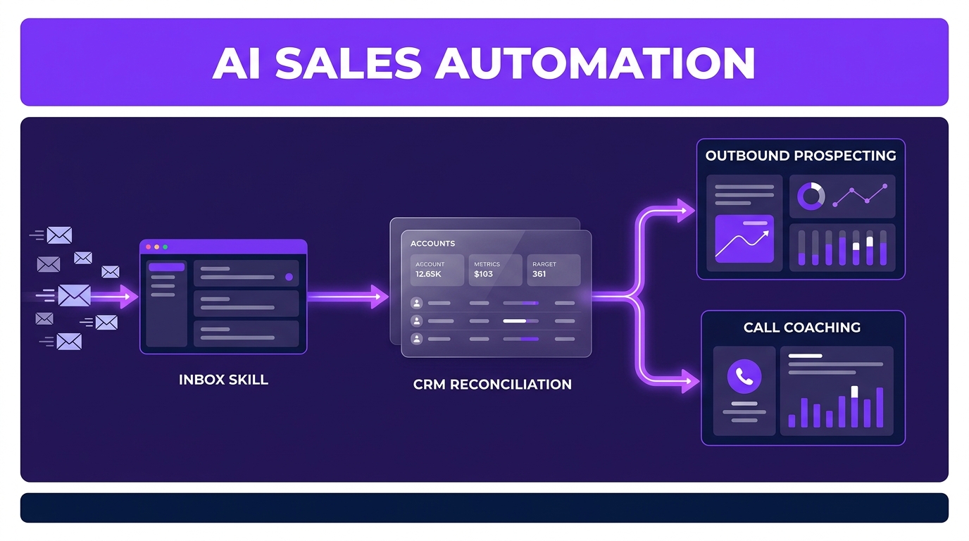 Diagram illustrating an AI sales automation workflow showing inbox skills, CRM reconciliation, outbound prospecting, and call coaching nodes.