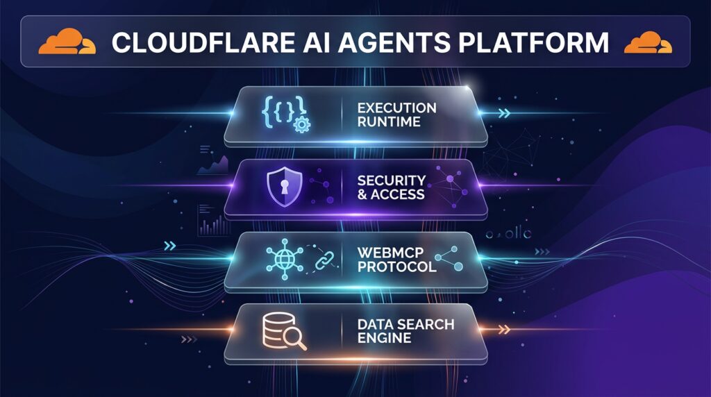 Diagram illustrating Cloudflare AI agents platform updates including execution runtimes, security controls, and web protocols.