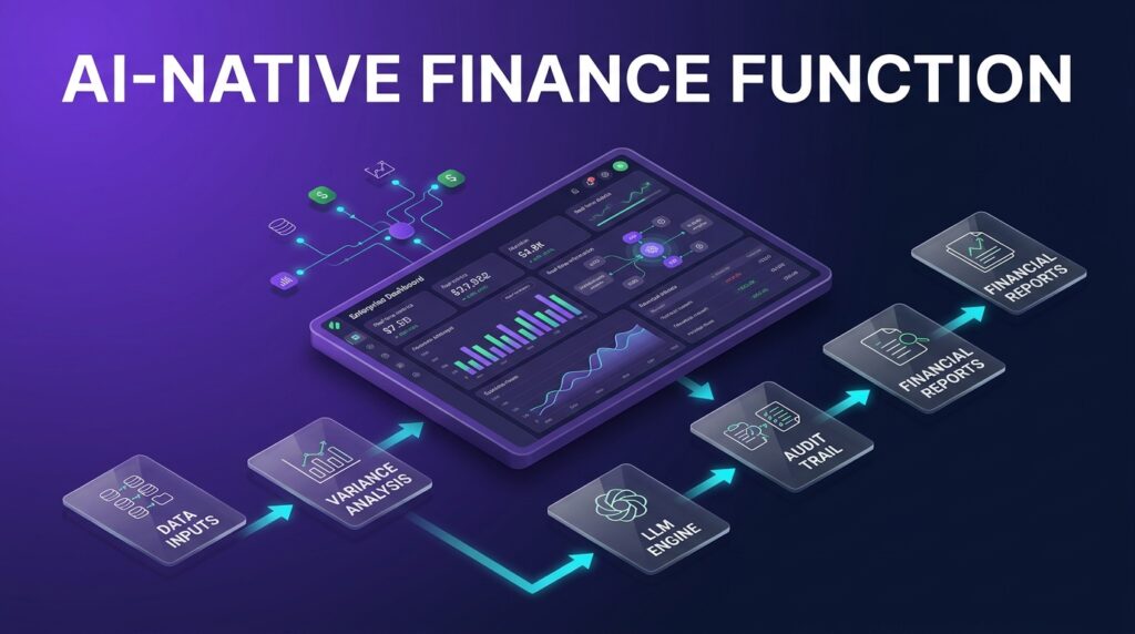 Isometric dashboard showing AI-native finance function workflows, financial analysis nodes, and automated data trails.