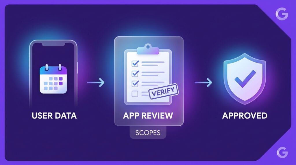 Illustration of the app verification process for third-party data access, showing user data, scopes, review, and approval steps.