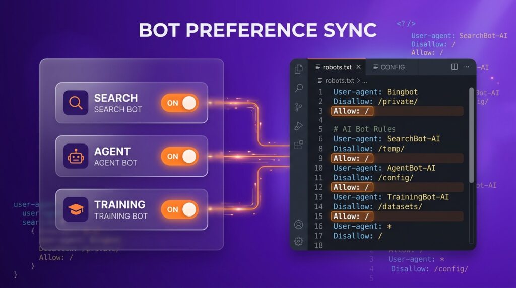 Cloudflare Bot Preference Sync dashboard showing AI crawler toggles updating a robots.txt file