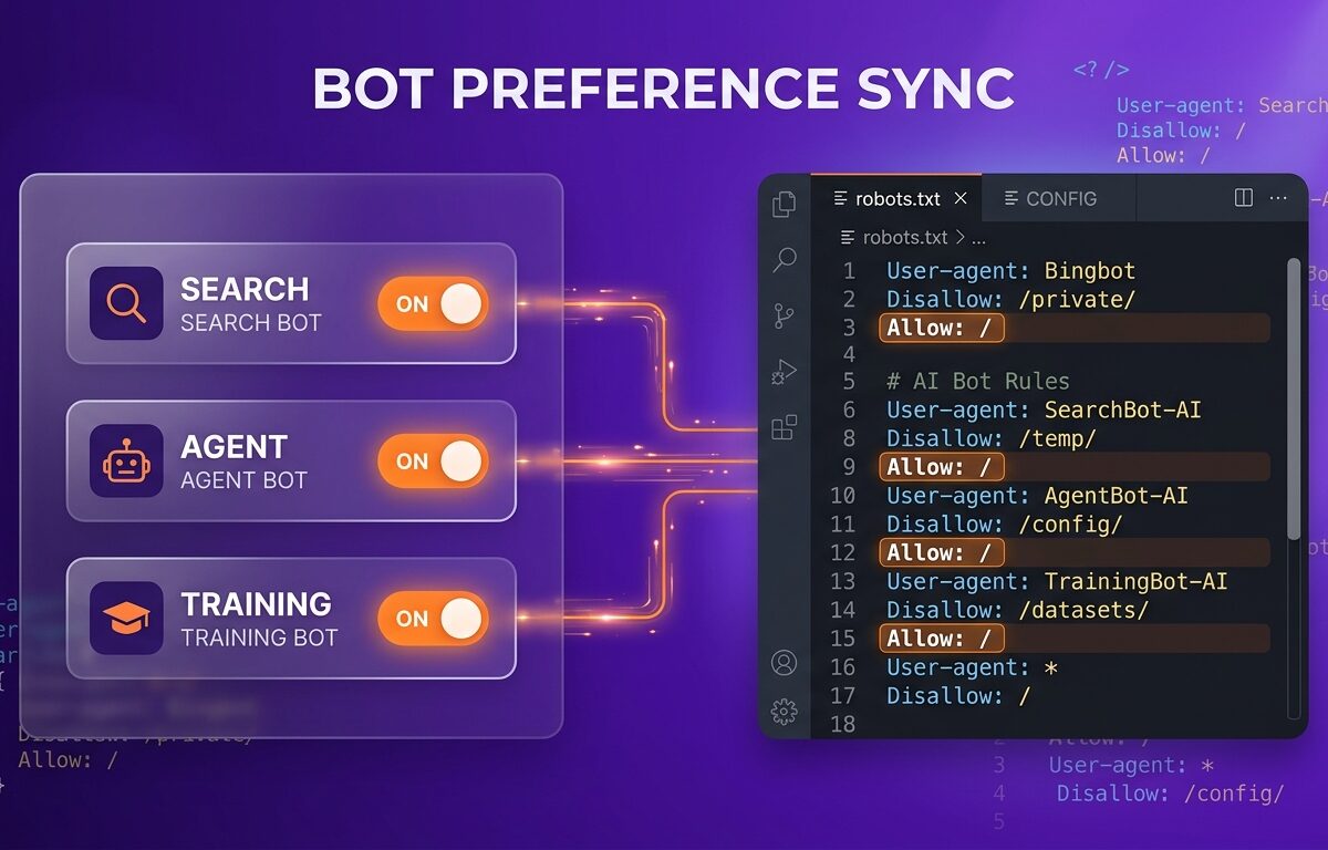 Cloudflare Bot Preference Sync dashboard showing AI crawler toggles updating a robots.txt file