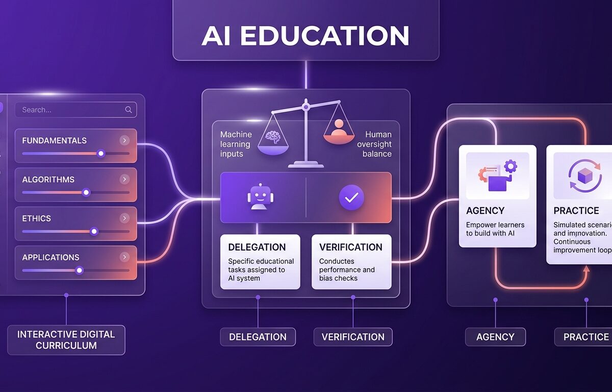 Conceptual diagram of Claude Academy showing structured AI education, intentional delegation, and verification modules