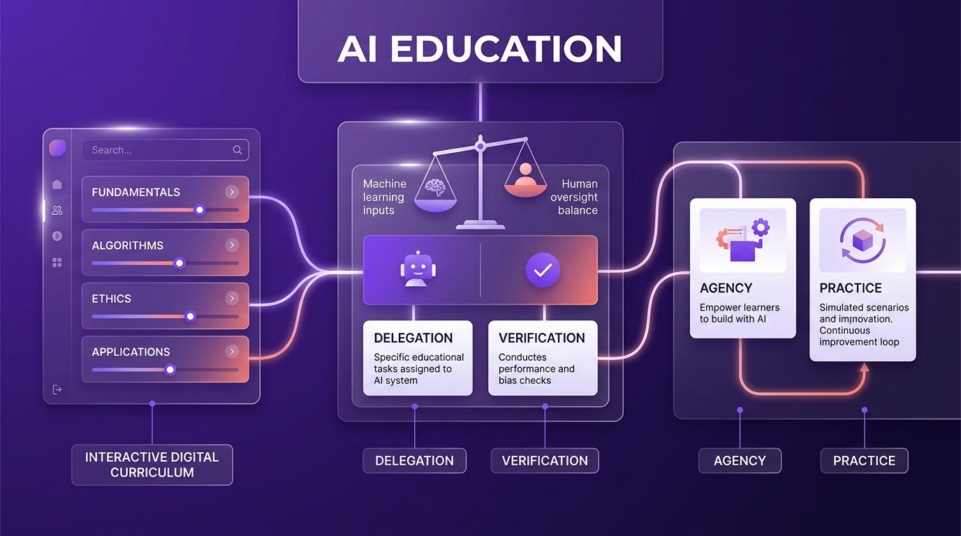 Conceptual diagram of Claude Academy showing structured AI education, intentional delegation, and verification modules