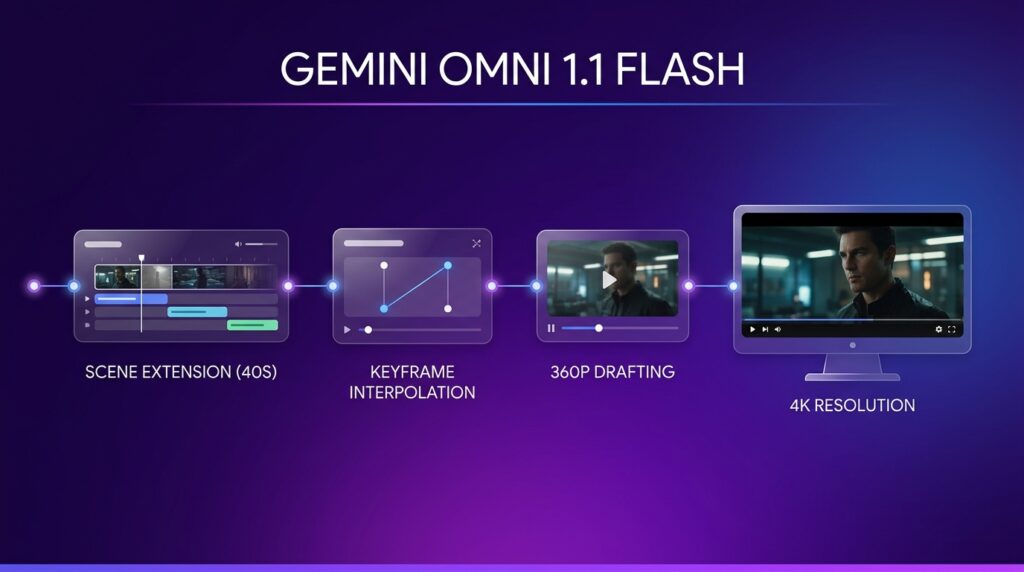 Gemini Omni 1.1 Flash developer video controls diagram showing scene extension, keyframe interpolation, 360p drafting, and 4K resolution rendering