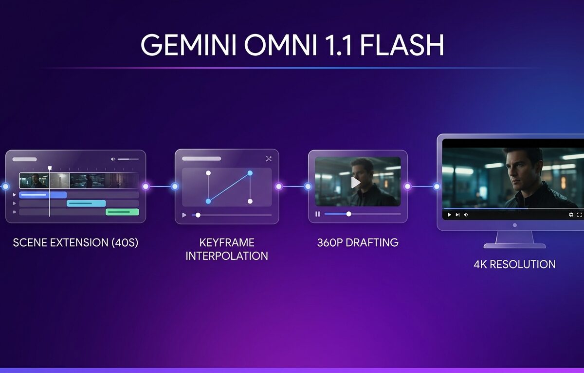 Gemini Omni 1.1 Flash developer video controls diagram showing scene extension, keyframe interpolation, 360p drafting, and 4K resolution rendering