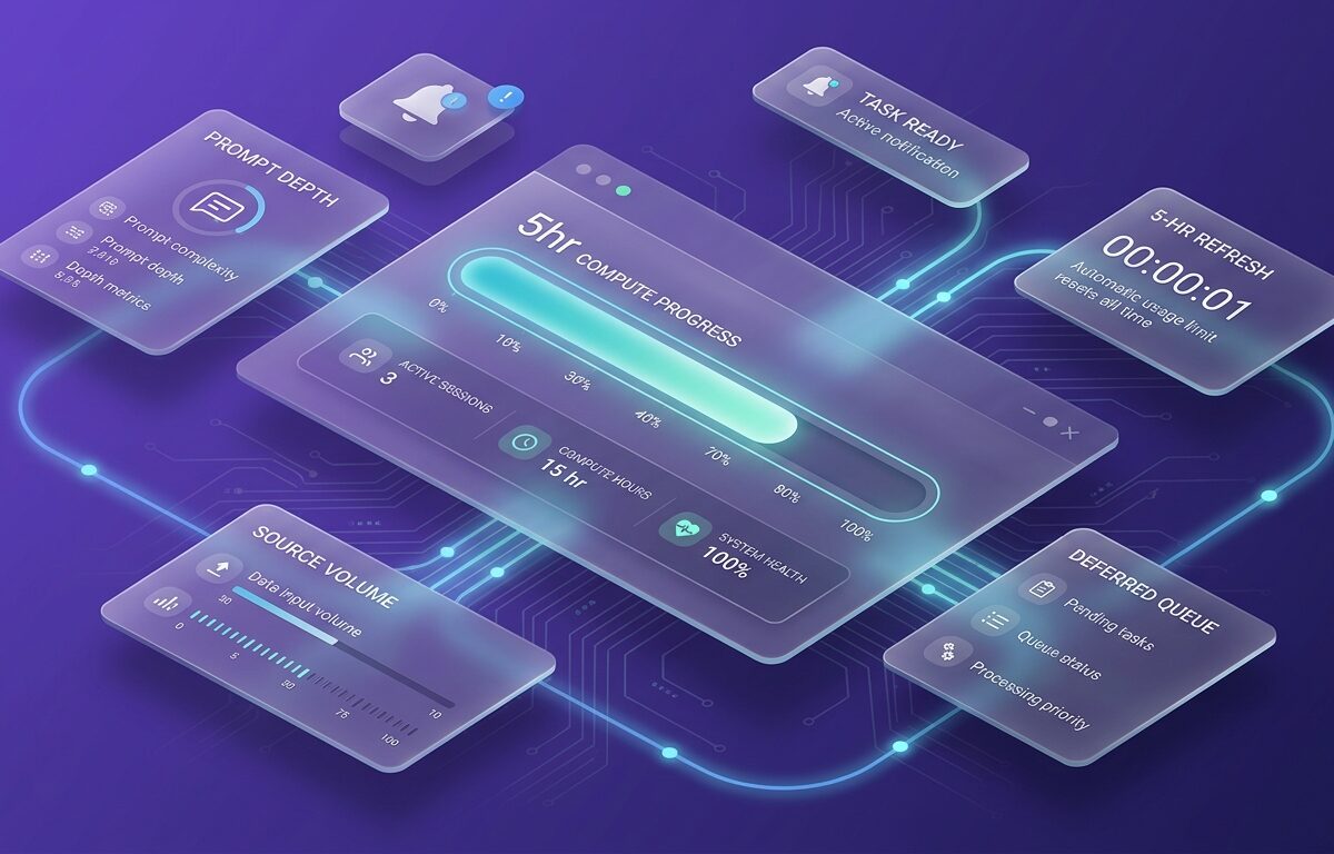 Diagram showing Gemini Notebook flexible usage limits, compute monitoring parameters, and 5-hour refresh cycles.
