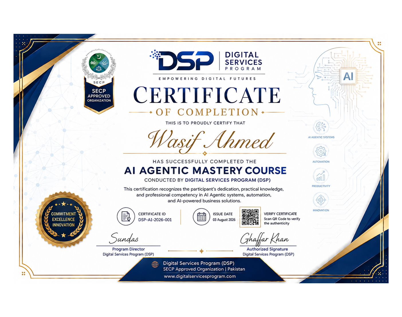 AI Agentic Mastery Course certificate of completion awarded to Wasif Ahmed by Digital Services Program