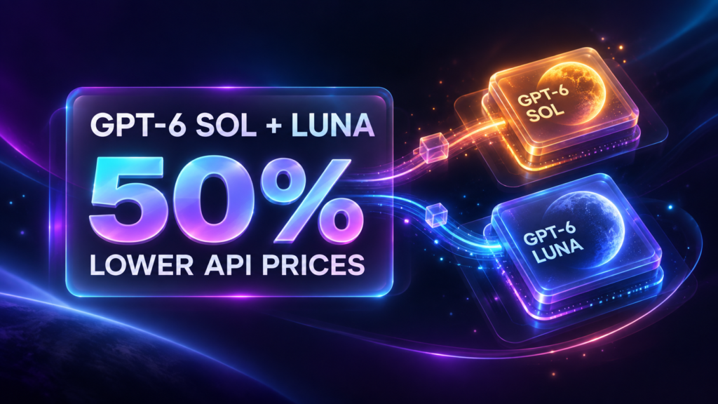 GPT-6 Sol and Luna beside a 50% lower API prices message in a dark neon graphic