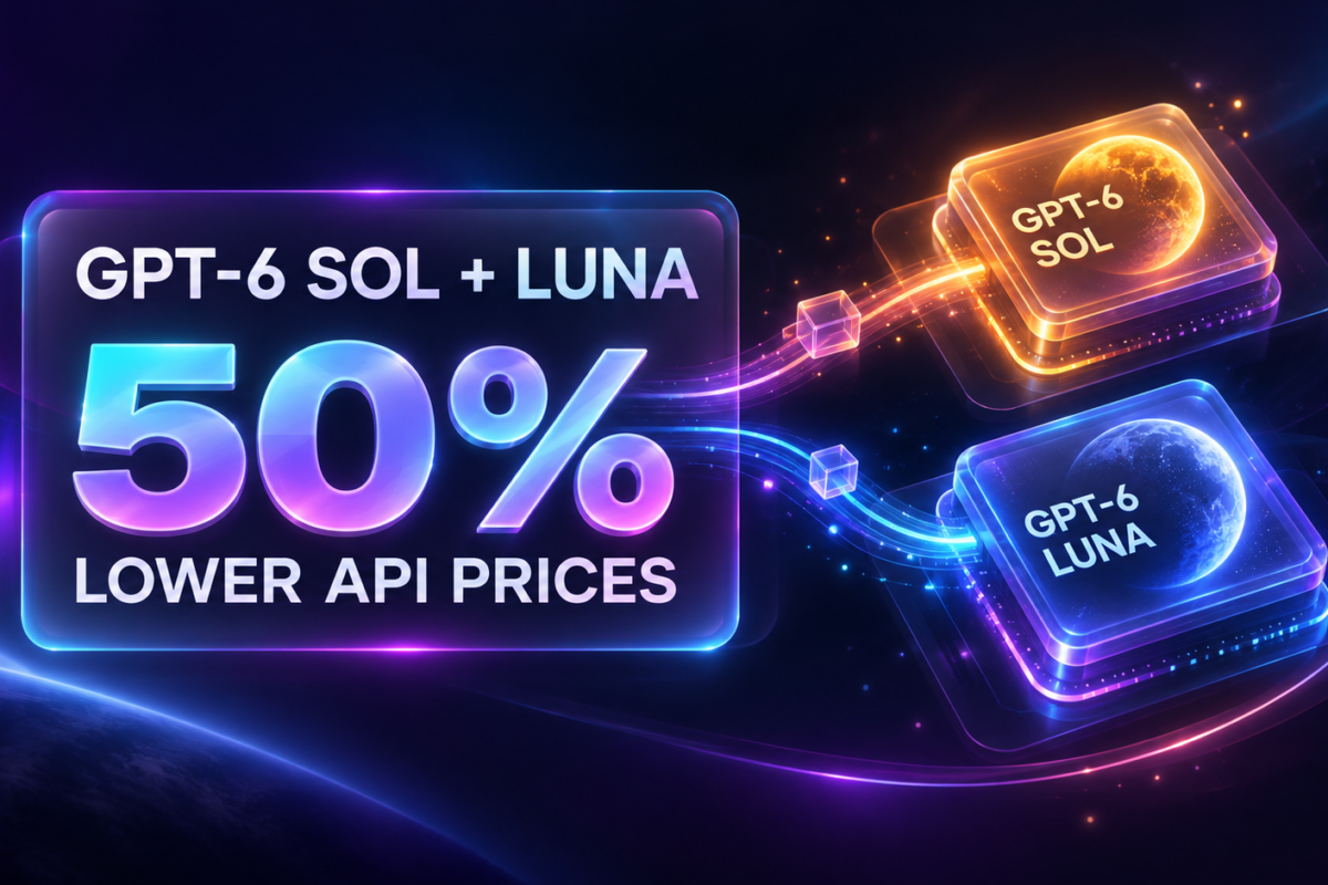 GPT-6 Sol and Luna beside a 50% lower API prices message in a dark neon graphic