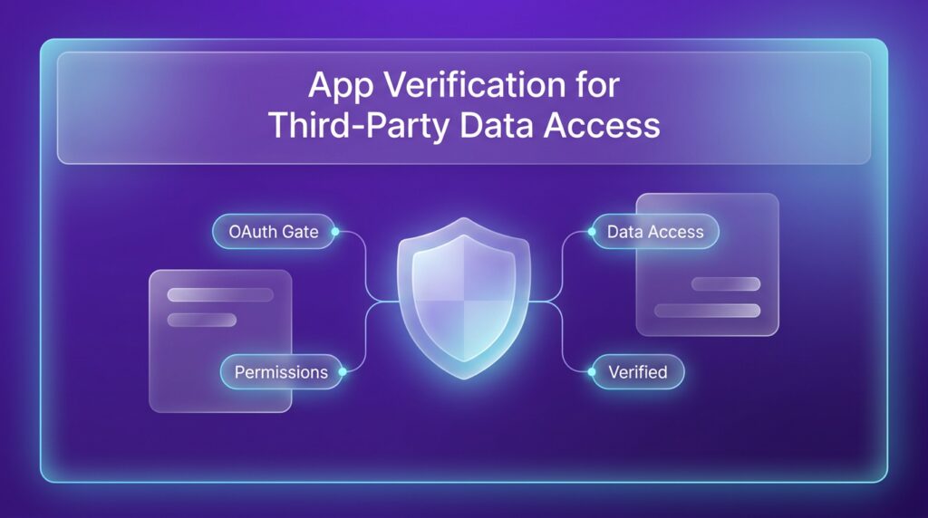 Graphic showing an app verification interface connecting third-party API services and user data securely.