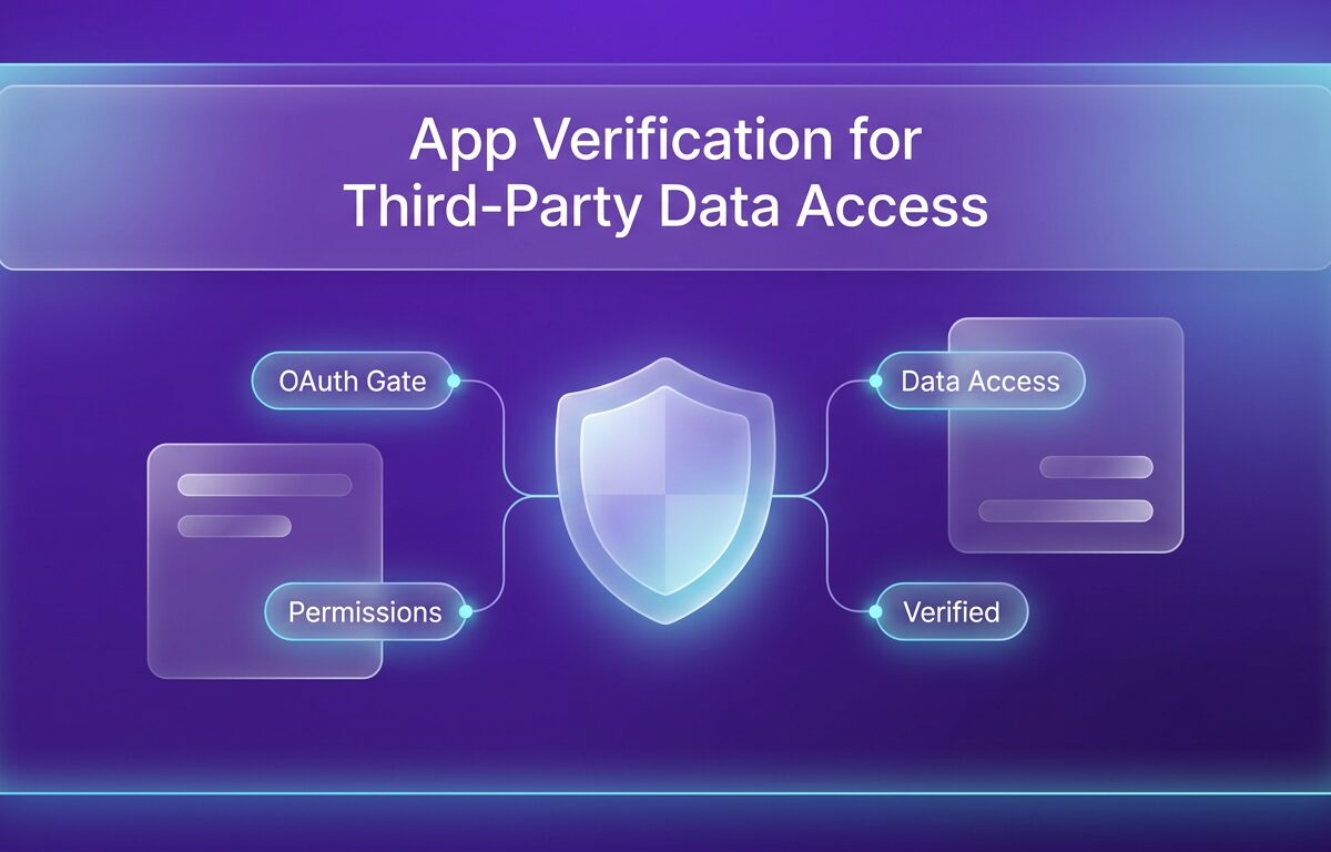 Graphic showing an app verification interface connecting third-party API services and user data securely.