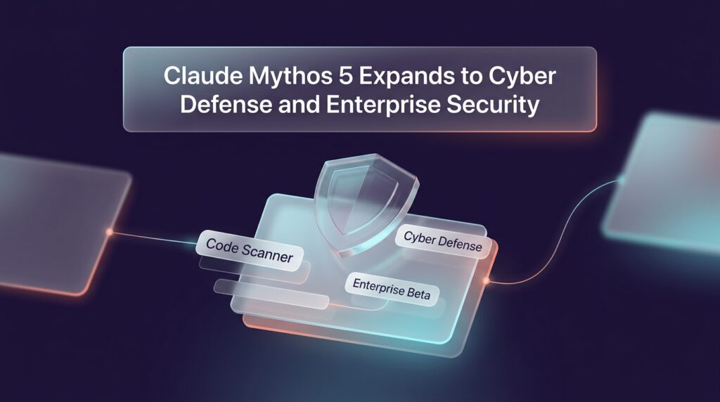 Digital cybersecurity graphic representing Claude Mythos 5 in enterprise vulnerability scanning.