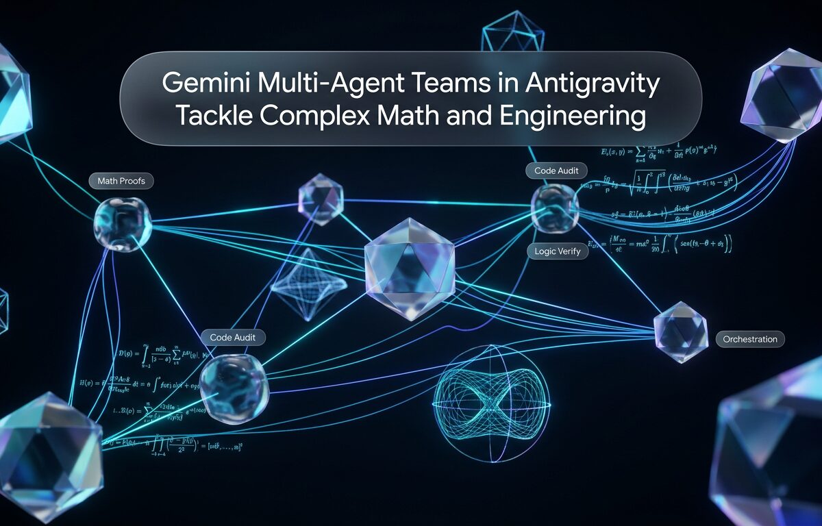 An illustration of Gemini multi-agent teams collaborating on complex math and engineering workflows in Antigravity.