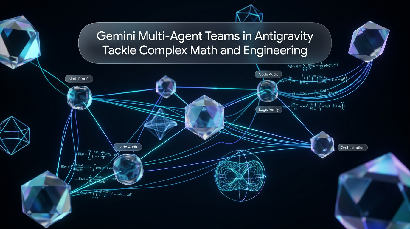 An illustration of Gemini multi-agent teams collaborating on complex math and engineering workflows in Antigravity.