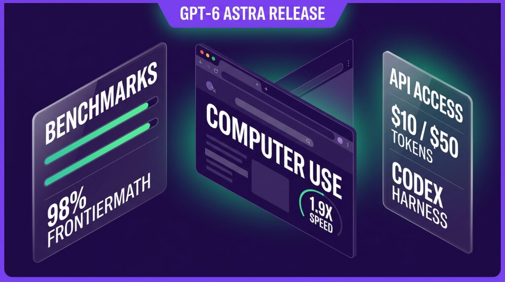 Isometric dashboard diagram illustrating GPT-6 Astra release features including benchmarks, computer use speed, and API pricing.