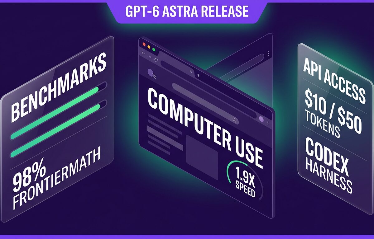 Isometric dashboard diagram illustrating GPT-6 Astra release features including benchmarks, computer use speed, and API pricing.
