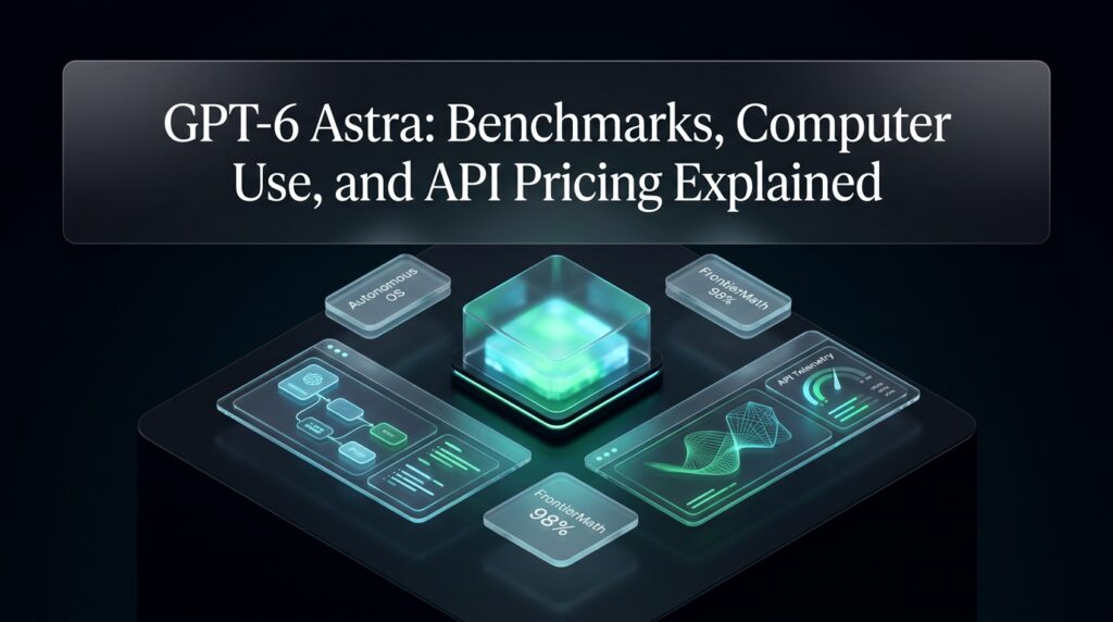 Graphic displaying benchmark charts and user interface elements for GPT-6 Astra.
