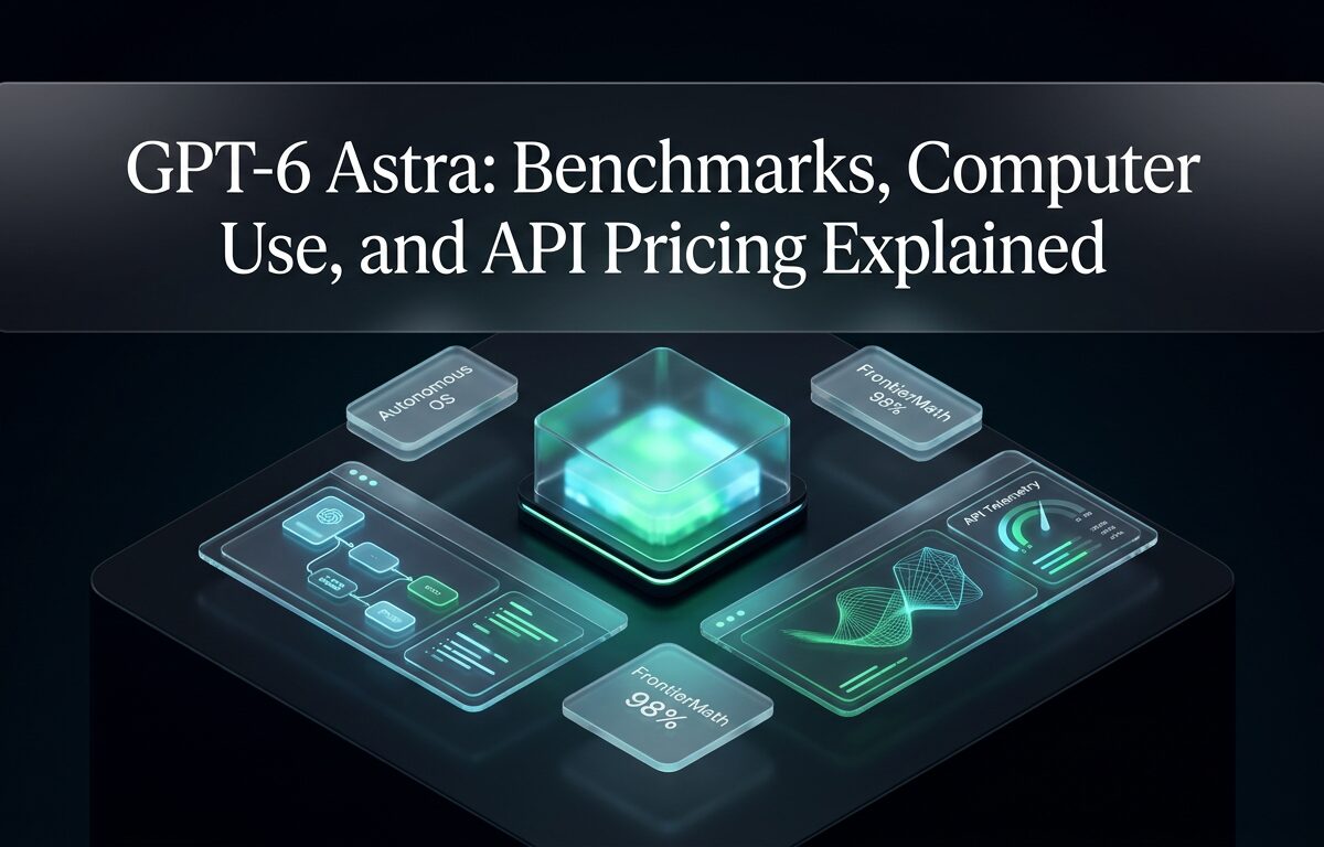 Graphic displaying benchmark charts and user interface elements for GPT-6 Astra.