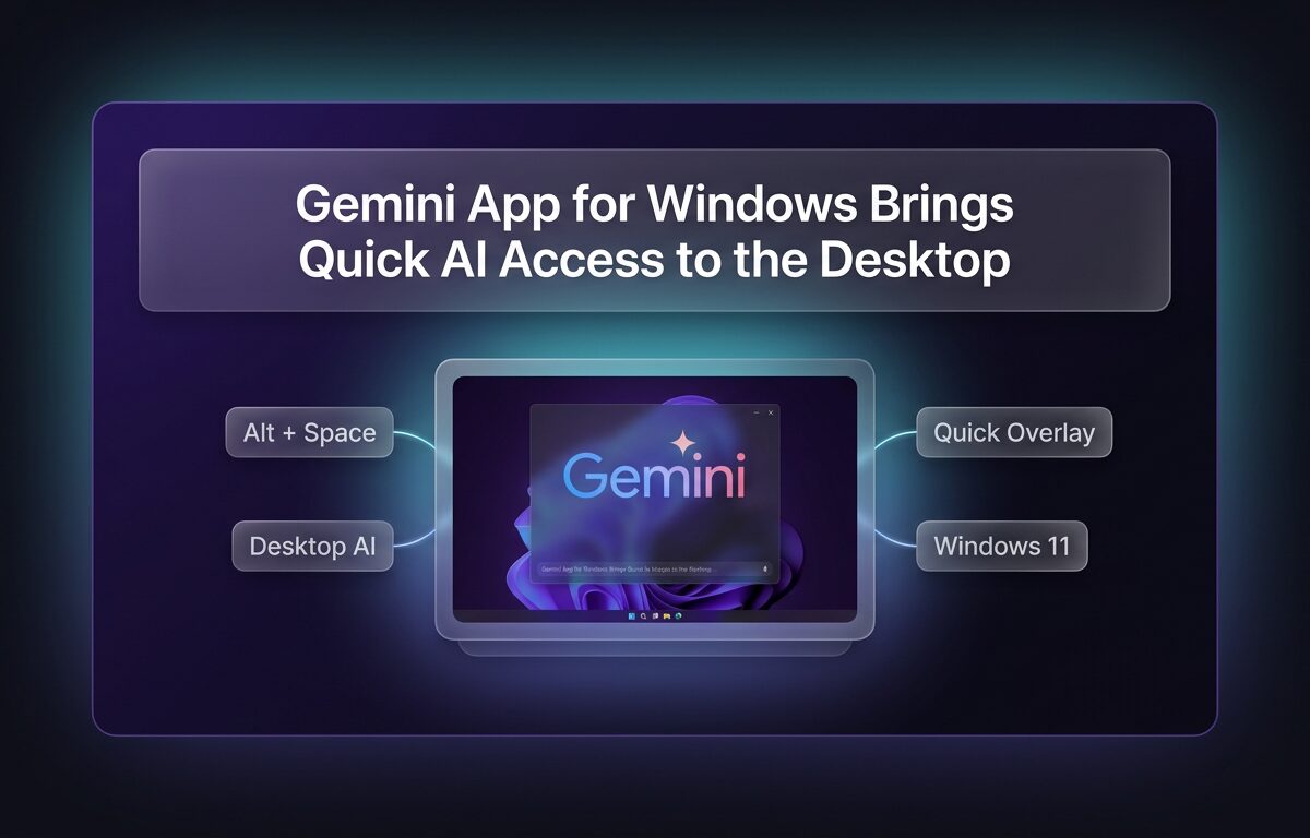 Illustration of the Gemini app for Windows floating as a quick access overlay on a desktop.