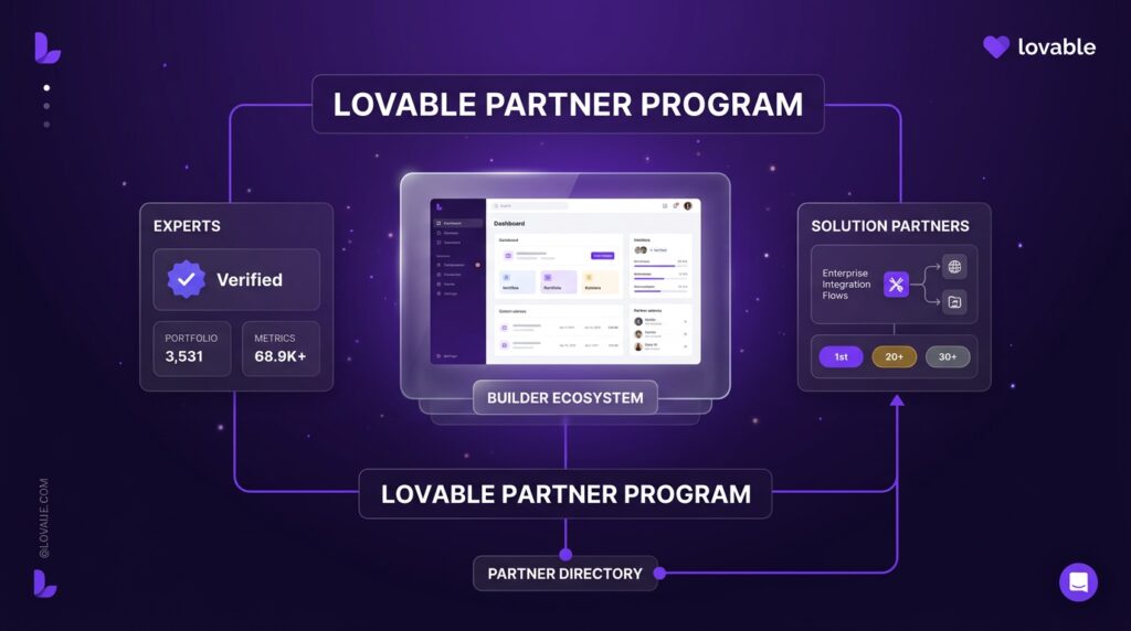 Diagram showing the Lovable Partner Program structure with Expert and Solution Partner tracks