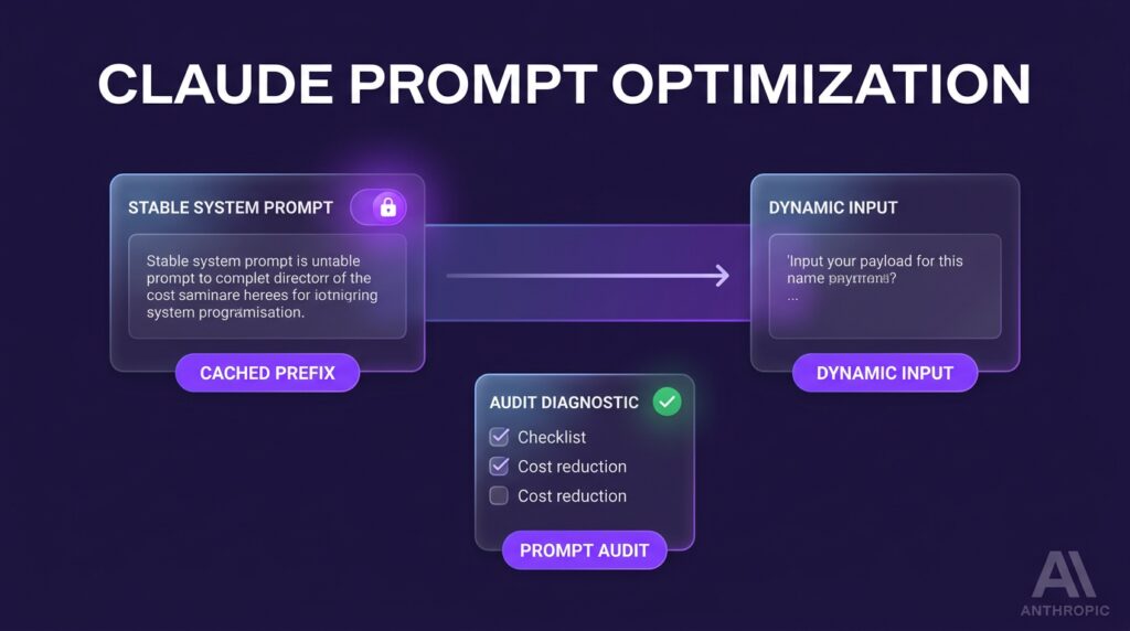 Diagram illustrating Claude prompt optimization showing prompt caching architecture and prompt audit diagnostics.