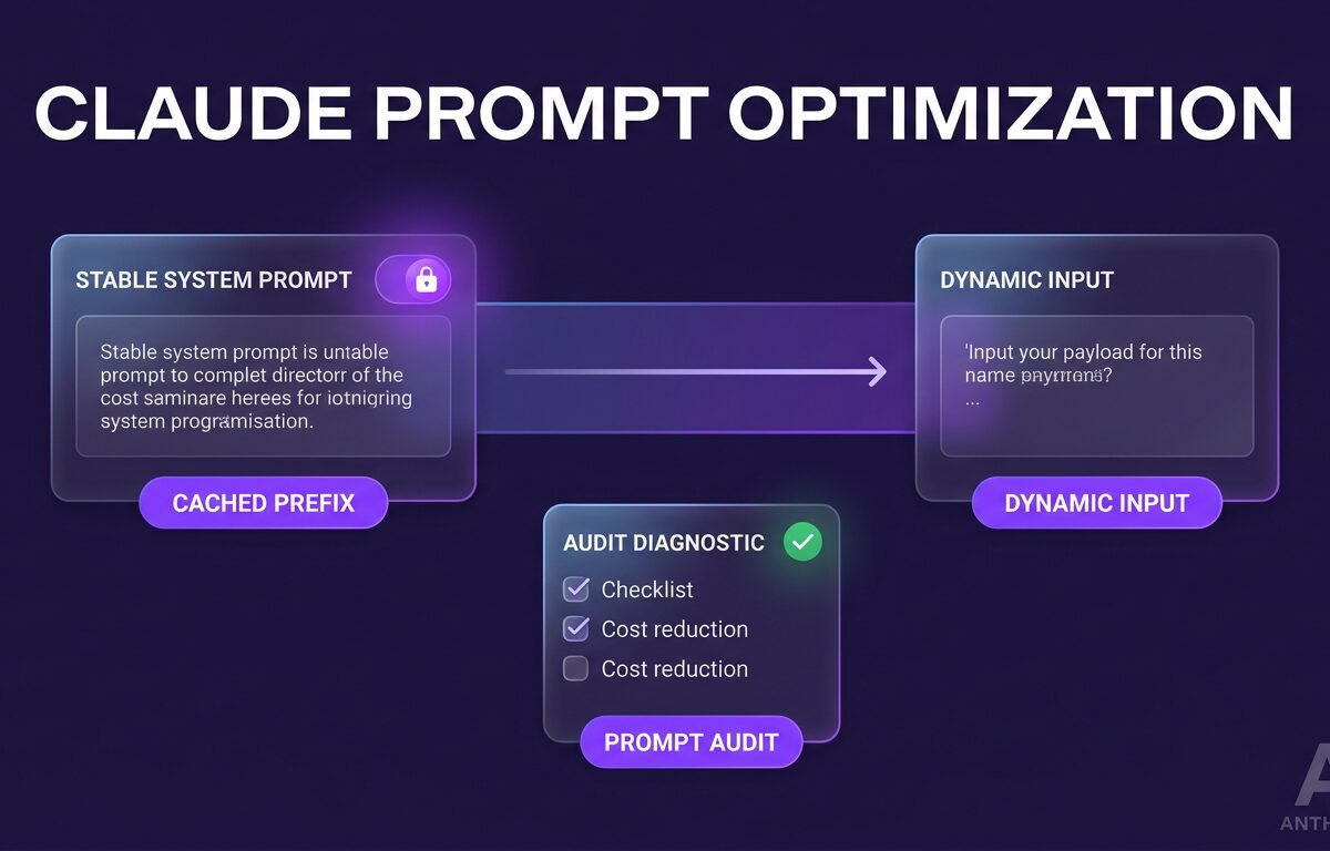 Diagram illustrating Claude prompt optimization showing prompt caching architecture and prompt audit diagnostics.