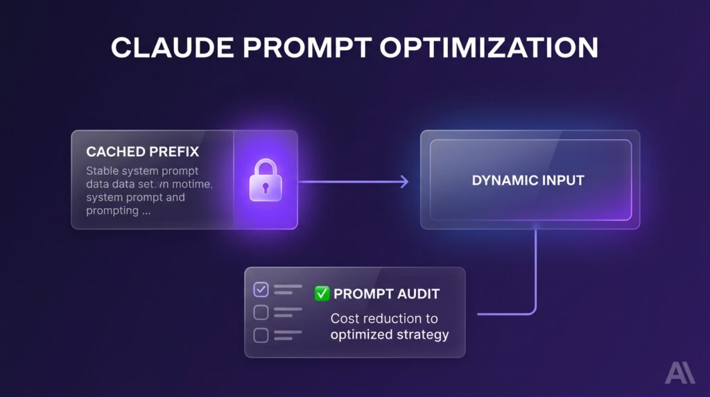 A diagram illustrating token caching and workflow efficiency for Claude prompt optimization.