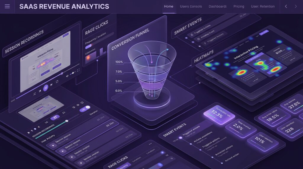 Microsoft Clarity for SaaS dashboard showing conversion funnels, session recordings, and heatmap data