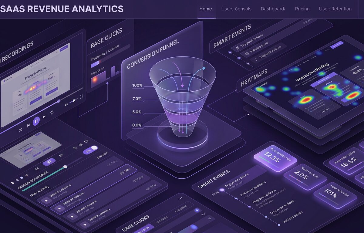 Microsoft Clarity for SaaS dashboard showing conversion funnels, session recordings, and heatmap data