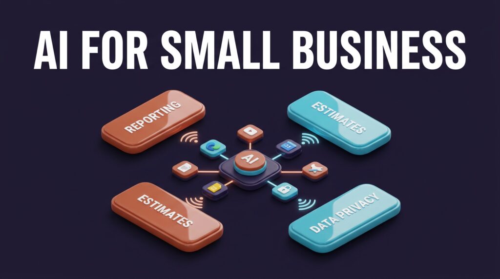 3D isometric dashboard illustrating AI for small business workflows with cards for reporting, estimates, and data privacy