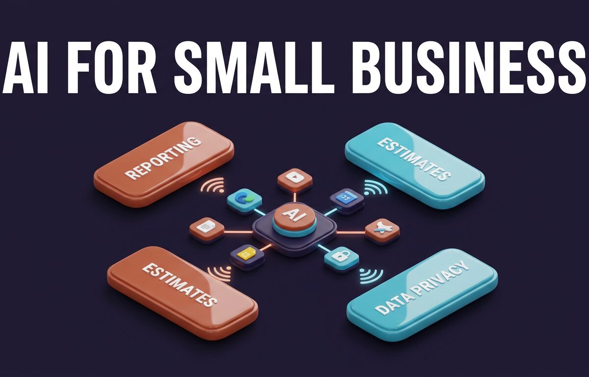 3D isometric dashboard illustrating AI for small business workflows with cards for reporting, estimates, and data privacy