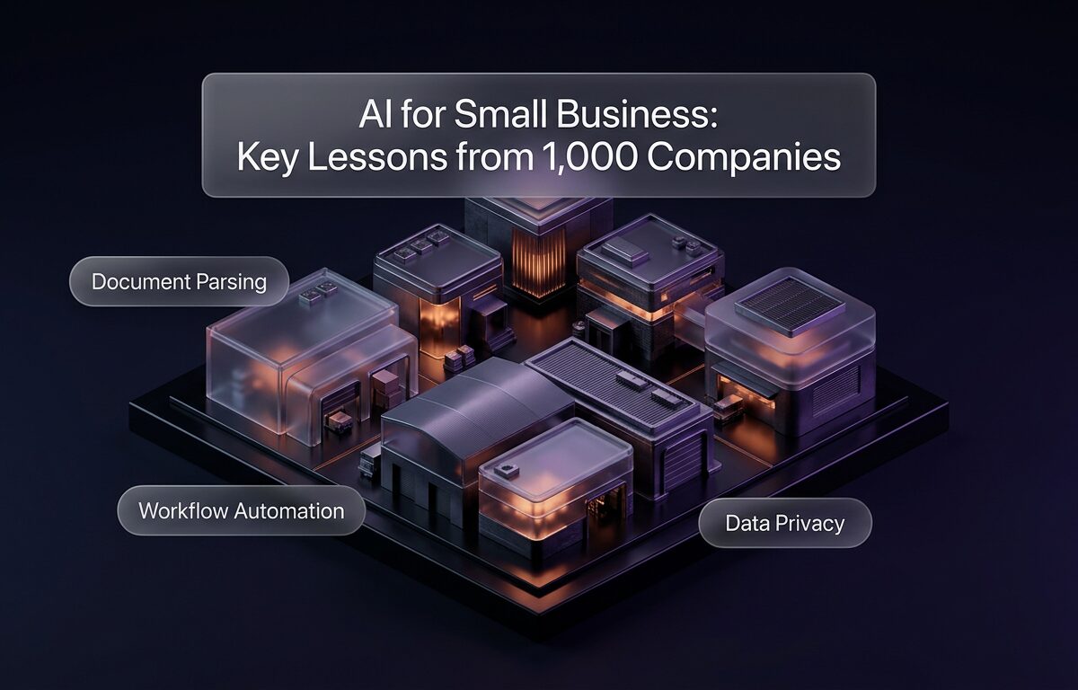 An illustration of digital workflows and data dashboards representing practical AI for small business operations.