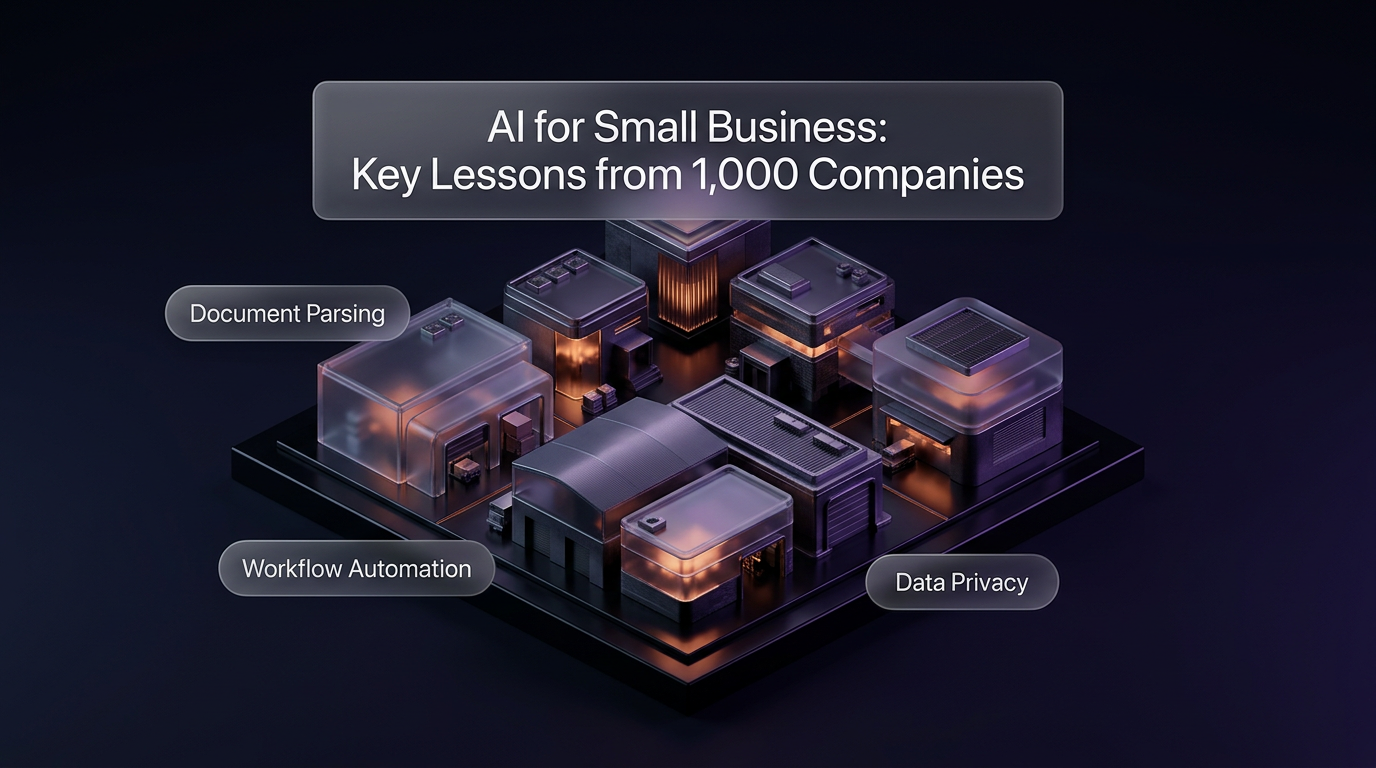 An illustration of digital workflows and data dashboards representing practical AI for small business operations.