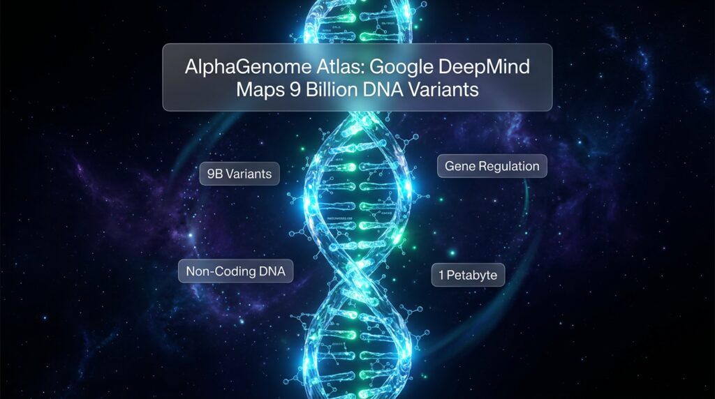 A digital illustration of a glowing DNA double helix representing the AlphaGenome Atlas database.