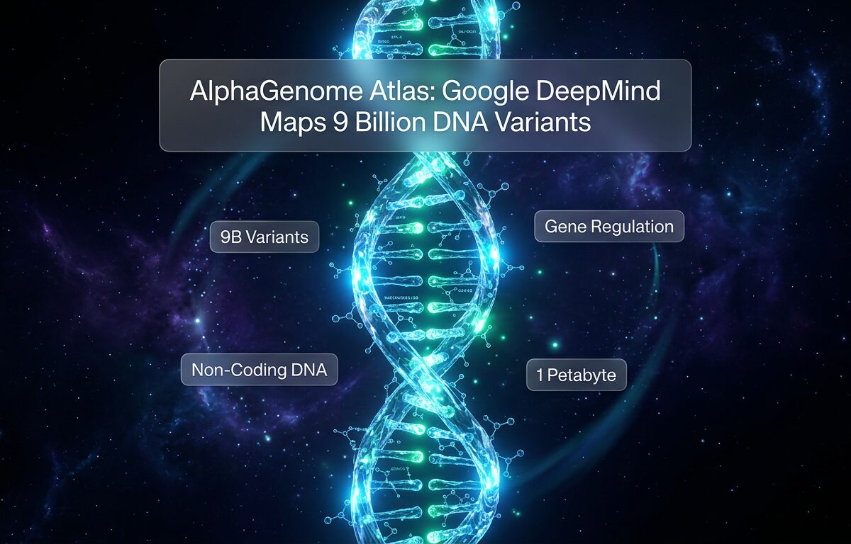 A digital illustration of a glowing DNA double helix representing the AlphaGenome Atlas database.