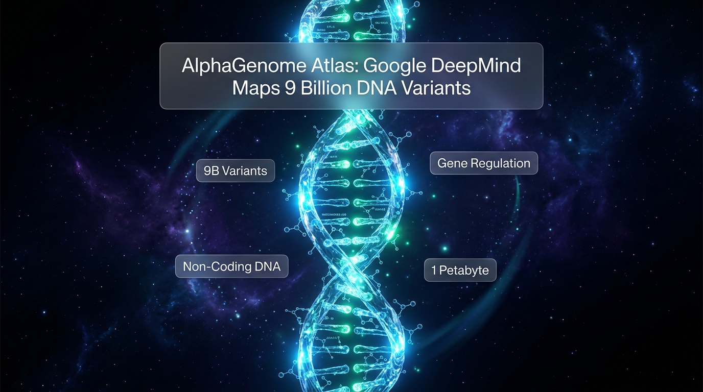 A digital illustration of a glowing DNA double helix representing the AlphaGenome Atlas database.