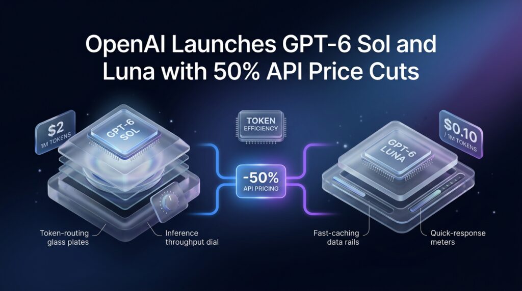 Graphic illustration representing OpenAI GPT-6 Sol and Luna with symbols of lower API token costs.