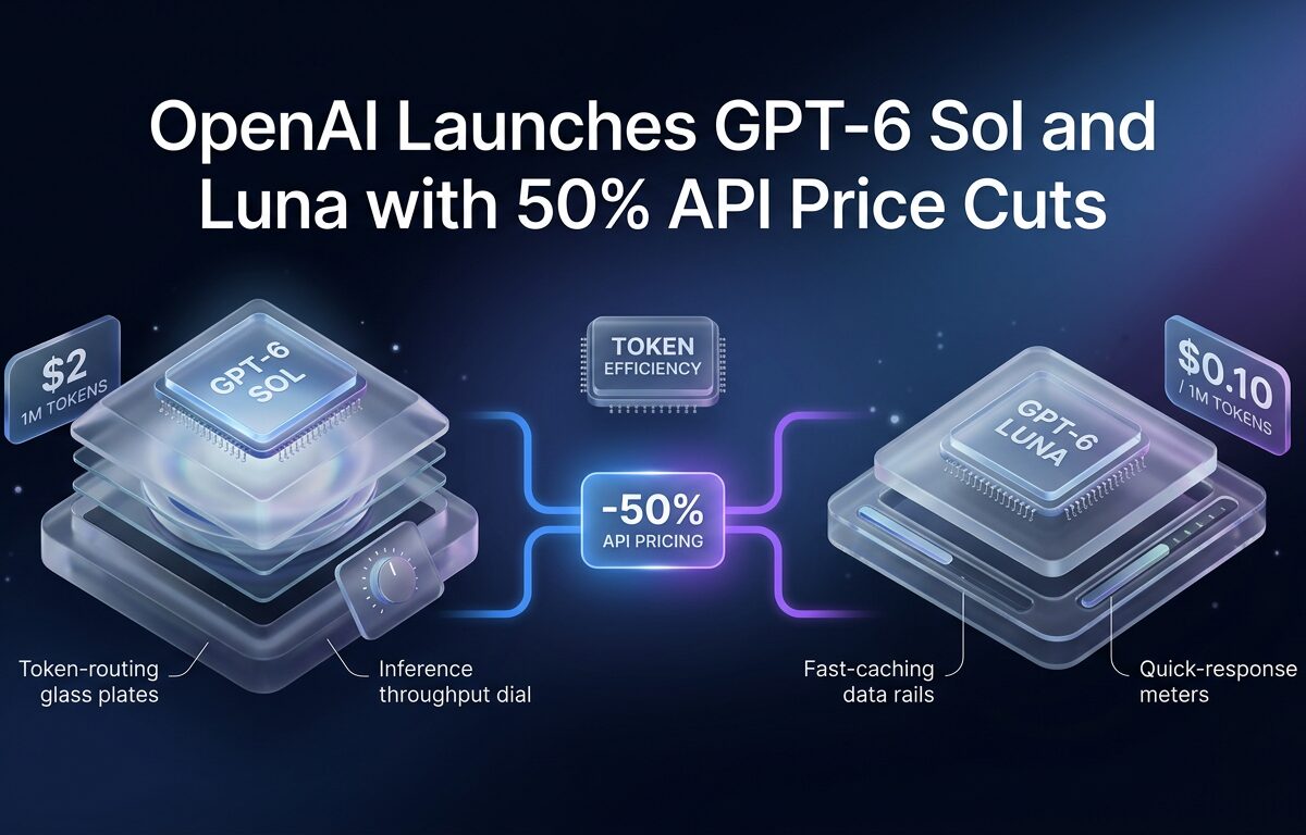 Graphic illustration representing OpenAI GPT-6 Sol and Luna with symbols of lower API token costs.