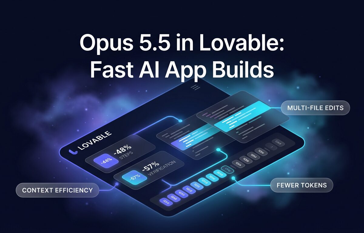 Isometric tech dashboard displaying performance benchmarks and step reduction metrics for Opus 5.5 in Lovable